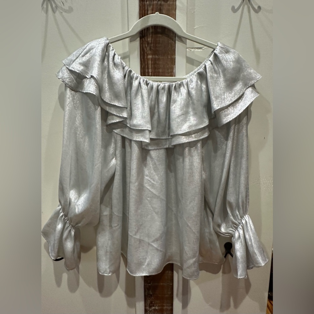 Joy Joy Metallic Silver Ruffle Blouse